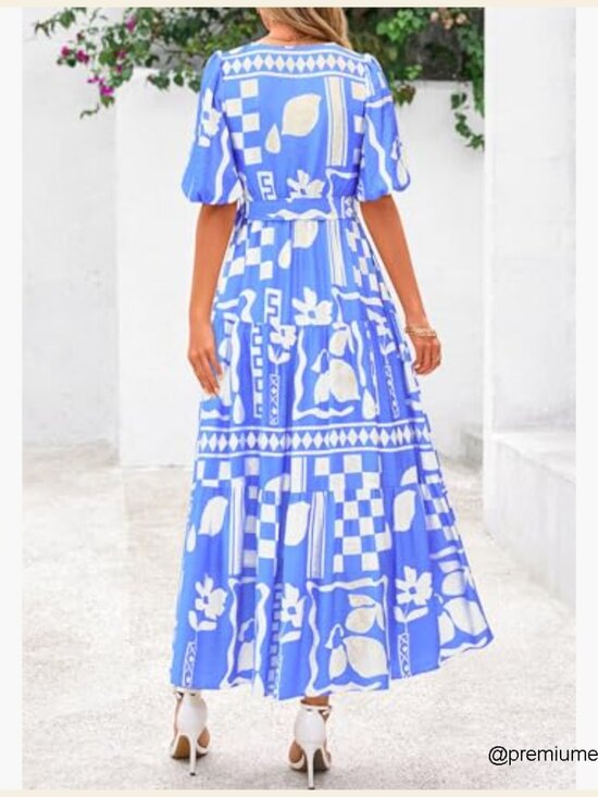 Summer Maxi Dress Boho Floral V Neck Puff Sleeve Ruffle Beach Resort - Picture 2 of 7